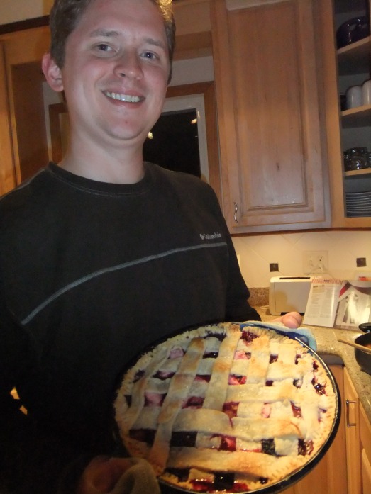 See? The grin isn't quite as substantial for this pie. It's still there - there is rhubarb and strawberries - but those damn blueberries and raspberries got in the way!